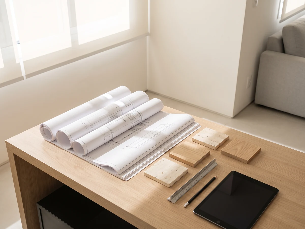 Mesa de escritório de arquitetura com desenho técnico e amostras